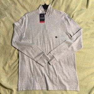 Chaps 1/4 zip pullover. Grey Heather with Tan Trim Med